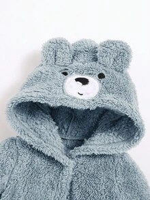 SHEIN Baby Boy Cartoon Embroidery 3D Ear Design Hooded Belted Teddy Sleep Robe - Blue - View 3