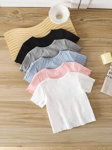Set de 5 blusas de manga corta con volantes en el bajo y color liso para niñas bebé, compra 1 y llévate 4 gratis, ideal para verano - Blanco y Negro - Ver 8