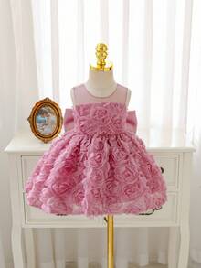 SHEIN Glamorique Kids Vestido rosa 3D con flores para niñas, manga abullonada de satén de malla, vestido de fiesta con lazo en la espalda y cuentas, vestido de flores para niña pequeña de boda, vestido de gala de cumpleaños para niña - Rosa vieja - Ver 2