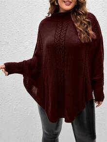 SHEIN LUNE Plus Size Turtleneck Split Twist Knit Casual Long Sleeve Pullover Sweater - Burgundy - View 3