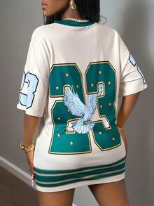 Slaydiva 新款春夏休闲街头V领露肩短袖23口号Logo老鹰图案杏色下装绿条纹全身印花宽松针织面料女装小连衣裙-B - 白色 - 查看 3