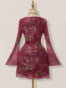 SHEIN ICON 女式复古印花喇叭袖迷你连衣裙 - 彩色 - 查看 2