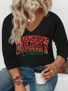 EMERY ROSE Women's New Arrival Christmas Element Pattern V-Neck Long Sleeve Casual Versatile Plus Size T-Shirt, Autumn/Winter - Black - View 5