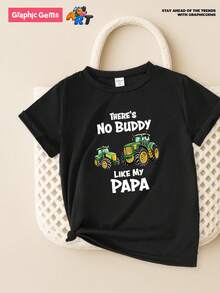 SHEIN Young Boy Summer Casual Cute English "There's No Buddy Like My Papa" & Green Truck/Tractor Graphic Black Short Sleeve T-Shirt, Suitable For Outings, Gatherings Or Daily Wear