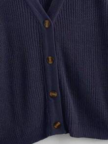 Omancia White Lantern Sleeve Button Front Ribbed Loose Knit Cardigan, Spring/Summer - Navy Blue - View 4