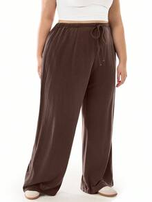 SHEIN EZwear Pantalones holgados casuales sólidos de cintura alta para mujeres de talla grande con cinturón y pierna ancha