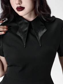 ROMWE Váy chữ A cổ vá bất đối xứng bằng da PU phong cách Gothic - màu đen - Xem 2