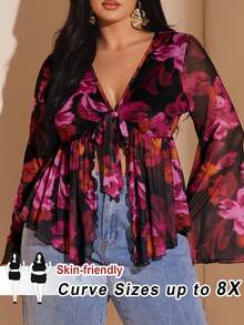 SHEIN CURVE+ Plus Size Women Printed Knit Sheer Front Tie Waist Flare Sleeve Top - Multicolor - View 1