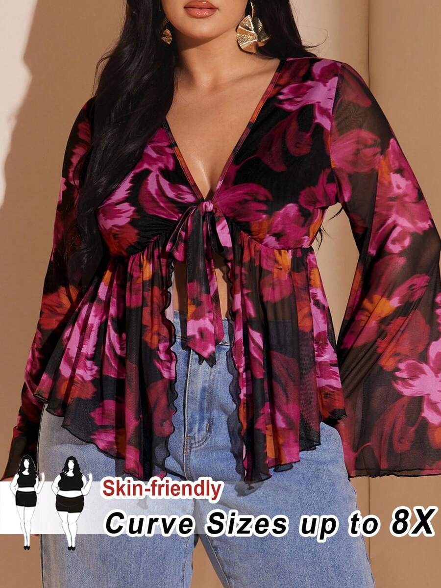 SHEIN CURVE+ Plus Size Women Printed Knit Sheer Front Tie Waist Flare Sleeve Top - Multicolor - View 1