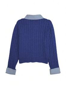 Rafferiza Fashionable Blogger-Inspired 2 In 1 Patchwork Knit Cropped Cardigan, European And American Style - Royal Blue - View 2