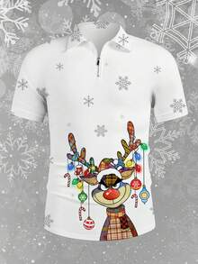 Manfinity Homme Fashionable Casual Christmas Cute Deer Print Fitted Polo Shirt With Zipper, Short Sleeve For Men - Grey - View 4