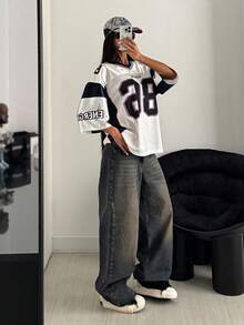 StreetHx Women's Loose Y2K Streetwear Colorblock Numeric Print Mesh Jersey Short Sleeve Top, Spring/Summer