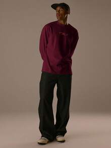 Musero Relaxed Fit Crew Neck Letter Graphic Striped Long Sleeved Top - Burgundy - View 5