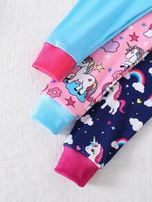 3pcs/Set Girls Unicorn Cartoon Print Snug Fit Long Sleeve T-Shirt And Pants Pajamas Set - Multicolor - View 3