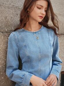 Selenza Women's Casual Round Neck Long Sleeve Short Denim Dress