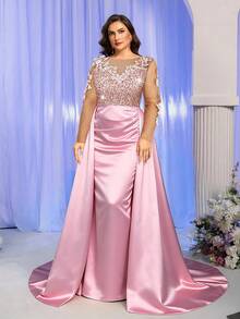 SHEIN Belle 优雅撞色网眼贴花长袖 V 领迷人亮片拼接缎面高腰修身美人鱼尾巴夸张拼接适合晚会、单身派对、约会、度假、舞会、婚礼、返校季节、大码晚礼服（重度装饰） - 藕粉色 - 查看 5