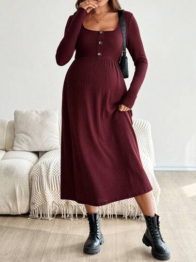 SHEIN Fall Clothes,Autumn Clothes,Maternity Autumn/Winter Clothes  Maternity Solid Color Button Design Square Neck Long Sleeve Ribbed Casual Dress Long Sleeve Long Dress Ribbed Dress Autumn Dress Knit Maxi Dress Knit Dresses For Women