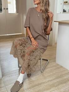 Easowa 圆领纯色短袖宽松休闲T恤和蕾丝连衣裙，外出通勤时尚 - 卡其色 - 查看 7