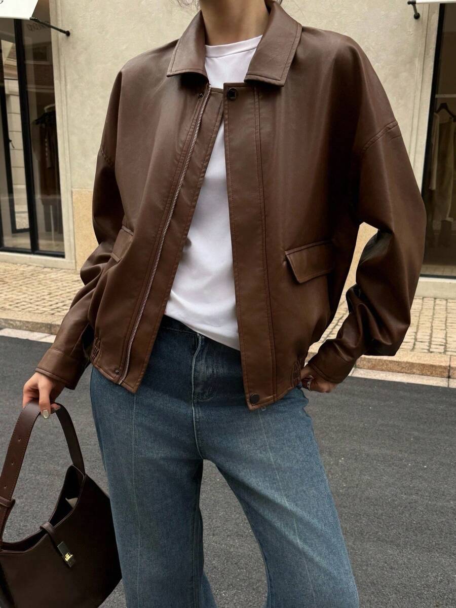 SHEIN K-Vae 女士秋冬棕色翻领老款PU夹克，防风保暖冬季夹克，机车夹克，新年夹克 - 棕色 - 查看 1