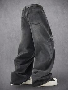 Manfinity Denimwave Premium Quality Black Rhinestone Embellished Wide Leg Jeans Baggy Washed Black Party Street Diamond Starlight Denim For Y2K - Black - View 2