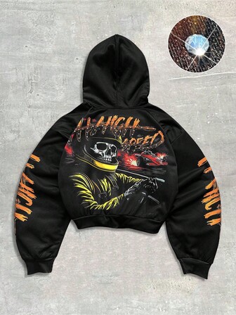 Street Life Herren Sweatshirt mit Totenkopf-Muster und Strass-Verzierung, Kapuze und Langarm