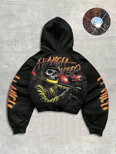 Street Life Sudadera con capucha de manga larga con estampado de calavera y decoración de rhinestones para hombre