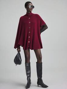 Ontre Áo len Poncho len pha nút màu trơn đơn giản dành cho nữ, Thu/Đông - Màu Đỏ Sâu - Xem 2