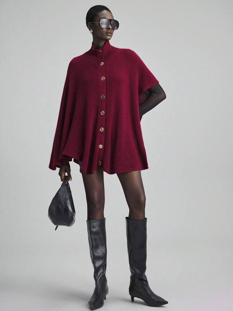 Women's Burgundy Wool Blend Button Poncho Shawl Sweater,Autumn Elegant Dining Office Wear Old Money Style,High-End Comfortable Vintage Jacket Clothing