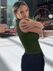 Jeta Ari Women High Neck Fitted Sleeveless Wrap Around Bodysuit - Dark Green - View 4