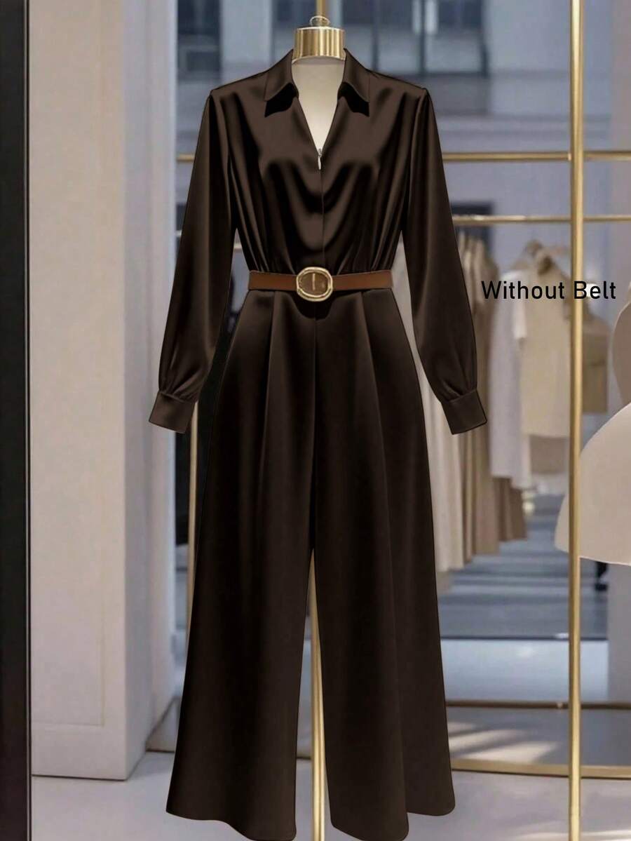 Franclia Women's Fashionable & Elegant Deep V-Neck Wide Leg Loose Solid Color Jumpsuit - Coffee Brown - View 1