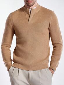 Manfinity Homme Men's Solid Color Long Sleeve Casual Pullover Sweater, Autumn/Winter - Khaki - View 1