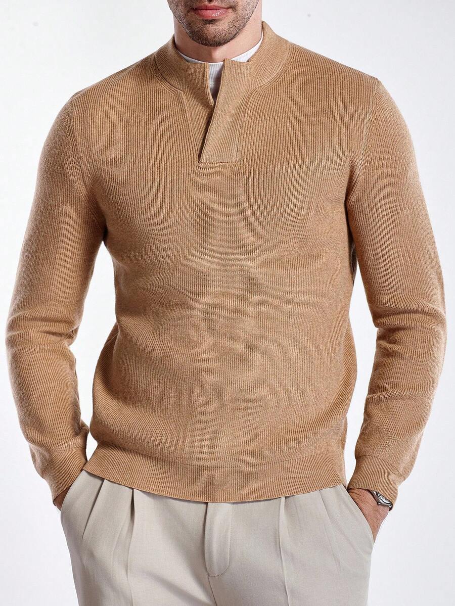 Manfinity Homme Men's Solid Color Long Sleeve Casual Pullover Sweater, Autumn/Winter - Khaki - View 1