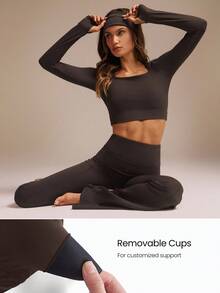 GLOWMODE 修身保暖短款长袖上衣，带拇指孔，可拆卸衬垫，瑜伽日常运动服，吸汗排汗 - 巧克力棕 - 查看 4