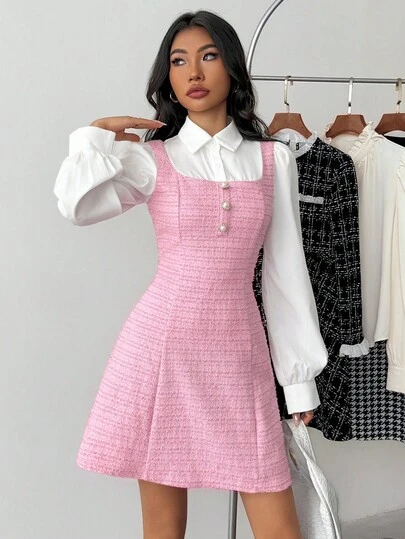 Elegant Plaid Patchwork 2-In-1 Long Sleeve Dress For Teen Girls, Suitable For Elegant Outfits, Back To School, Birthday Party, Evening Party, Performance, Wedding, Christening, Opening Ceremony, School, Travel, Halloween, Prom, Concert Preppy Dress Pink Tweed Dress School Girl Dress Aesthetic Preppy Clothes