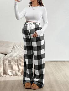 SHEIN 孕妇格子抽绳腰口袋阔腿宽松抓绒裤，秋冬 - 黑與白 - 查看 6
