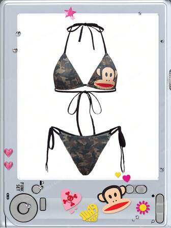Paul Frank X ROMWE Ensemble soutien-gorge sans fil et culotte imprimé camouflage et singe pour femmes