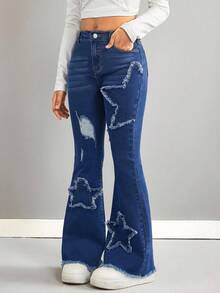 SHEIN 少女Y2K纯色水洗爱心星图案做旧喇叭牛仔裤，适合秋季返校季、秋冬季、返校节街头风、喇叭裤 - 深色水洗藍 - 查看 5