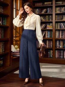 Vintamour Quần ống đứng thanh lịch cổ điển dành cho nữ, quần ống đứng có túi cài nút, màu cà phê, phù hợp cho mùa hè và mùa thu - Màu xanh hải quân - Xem 6