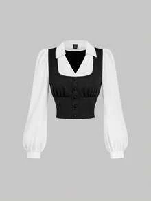 SHEIN MOD Turndown Collar Long Sleeve Contrast Color Chest Ruched Black & White Contrast Color Shirt,Black Shirts,Button Down Blouse,Long Sleeve Women Shirts,Collared Women Shirt,Work Women Shirts,Dressy Shirts,V Neck Shirt