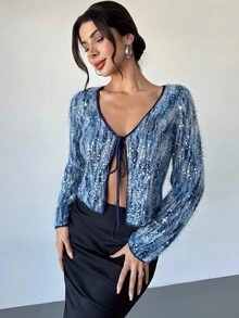 Firerie Women's Sequin Embroidered Front Tie Blouse,Navy Blue Faux Fur Sweater Top,Long Sleeve,Elegant Autumn Party Night Boho Beach Concert Club - Multicolor - View 6