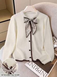 Franclia 女士优雅通勤系带拼色装饰开衫，秋冬 - 杏色 - 查看 1