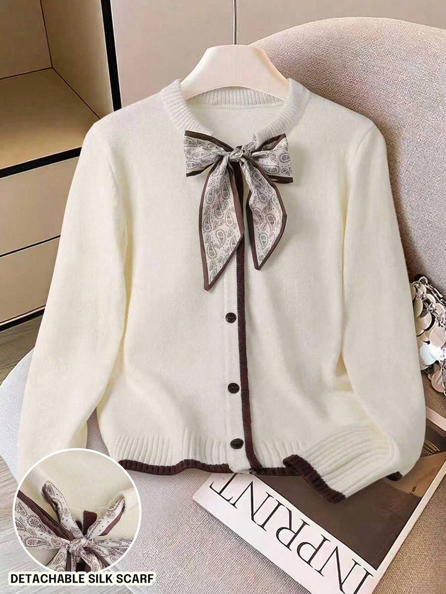 Franclia 女士优雅通勤系带拼色装饰开衫，秋冬 - 杏色 - 查看 1