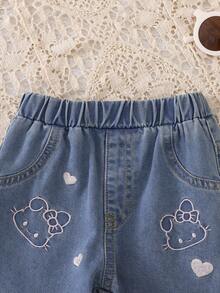 1 pieza Pantalones cortos vaqueros rectos con bordado de corazón y animal de dibujos animados, estilo casual para niñas/bebés - Azul - Ver 4