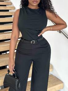 Alexandranx 1pc Women's Black Pleated Wide Leg Loose Jumpsuit With Belt, Casual Style, ,