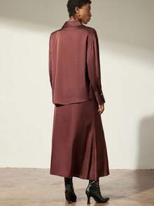 Aveloria Modichic 2 件醋酸纤维缎面长袖衬衫和美人鱼下摆裙套装，优雅 - 棕色 - 查看 2