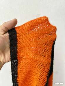 Whyspr Áo len lệch vai họa tiết sọc khối màu thời trang cỡ lớn, mùa thu - trái cam - Xem 8