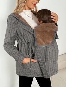 SHEIN Pregnant Women's Plaid Print Thermal-Lined Hooded Pocket 3-In-1 Long Sleeve Jacket, Autumn/Winter Plus Size Jackets Flannels For Women Shackets For Women Fall Women Clothes Maternity Clothes Fall Winter