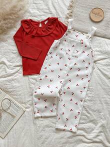 Vintaside Kids 女婴两件套包括红色圆领长袖上衣和白色工装裤，适合春秋季节。 - 紅色 - 查看 7