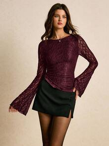 Poéselle 女士优雅通勤纯色蕾丝不对称下摆T恤 - 中紫紅色 - 查看 6