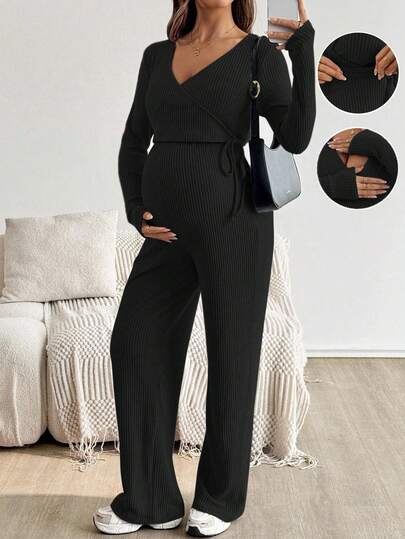 SHEIN Pregnant Women's Casual Everyday Commute Simple Solid Color Surplice Neck Wrap Knot Side Nursing T-Shirt And Pants Set, Spring/Autumn